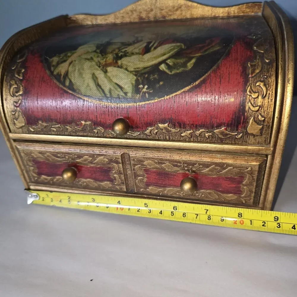 Vtg MIM Lador Japan Wooden Musical Jewelry Box Victorian Couple Sunrise Sunset